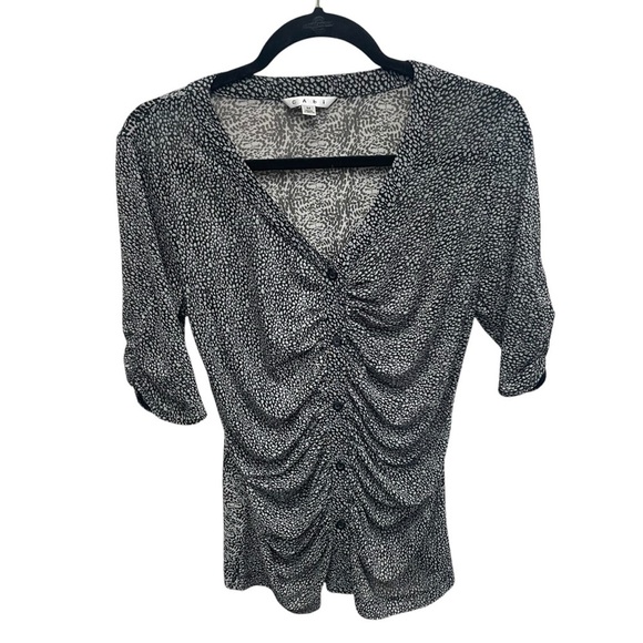 CAbi #241 Gathered Placket Sheer Blouse Womens medium ruched front animal print - Picture 2 of 9
